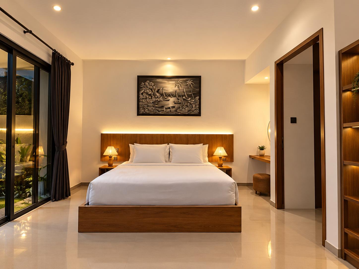 Area santai DYS Villa pada malam hari